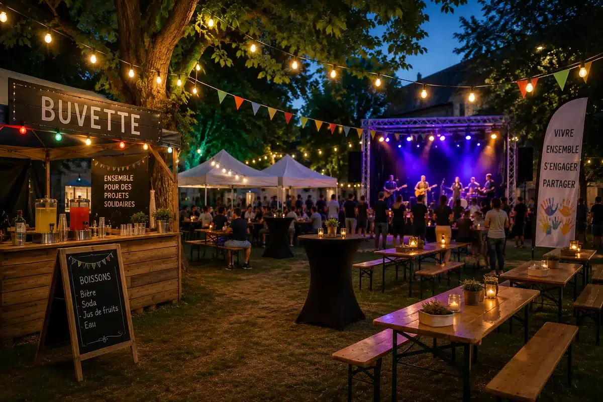 Fête communale en Belgique avec buvette, concert, éclairage extérieur, mobilier événementiel et sonorisation.