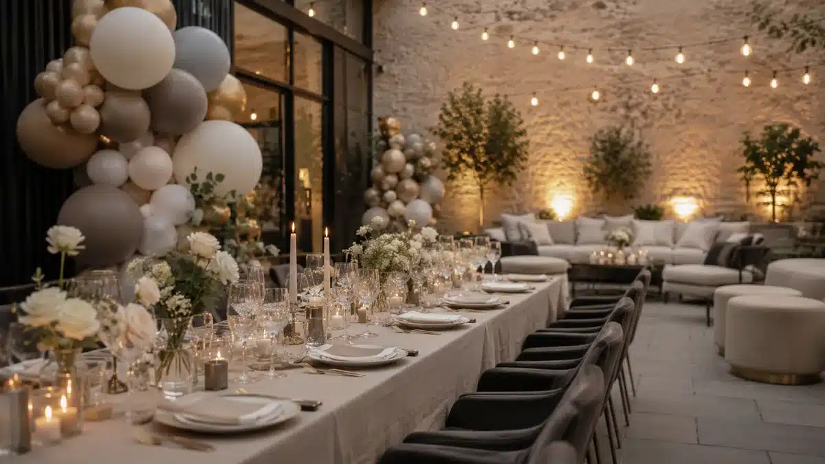 Décoration élégante d'un événement privé et d'un anniversaire en Belgique avec ballons, mobilier et guirlandes lumineuses