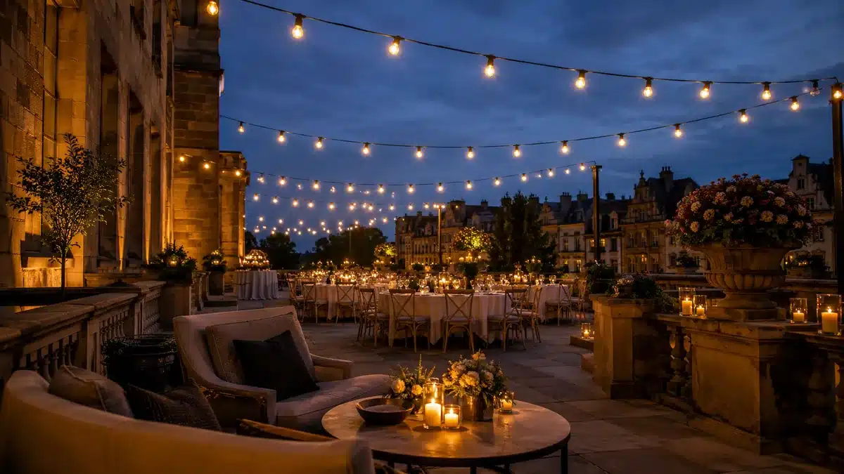 Guirlandes lumineuses guinguette au-dessus d'une terrasse d'événement en Belgique, ambiance féérique au crépuscule