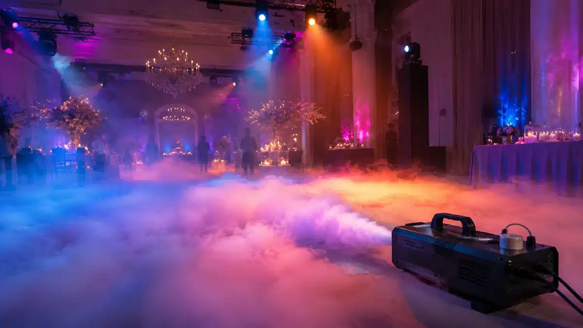 Machine à fumée créant un brouillard bas coloré lors d'un événement en Belgique