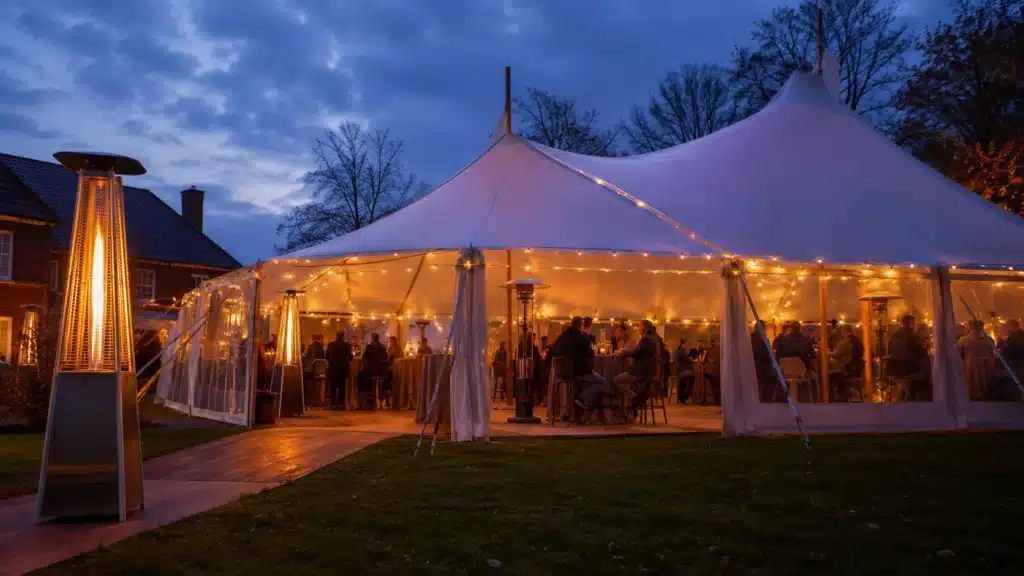 Chauffage extérieur professionnel loué par GHL Events installé sous un chapiteau lors d'un événement en Belgique