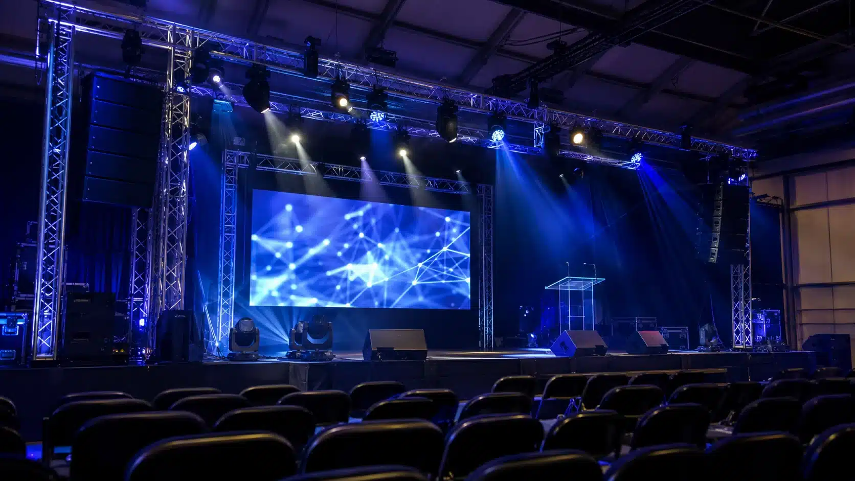 Podium et structure scénique loués par GHL Events montés pour un événement en Belgique