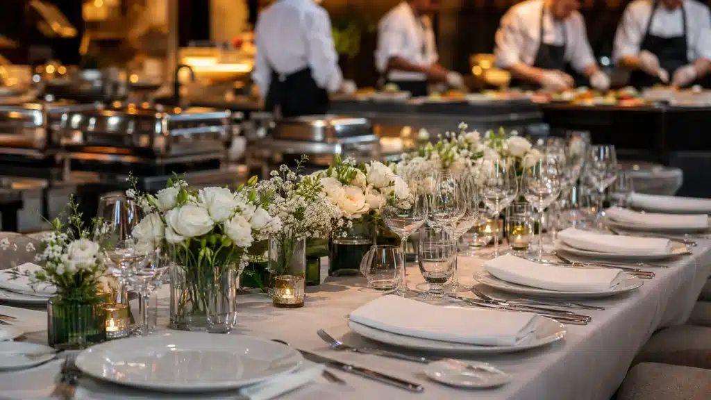 Vaisselle et matériel horeca loué par GHL Events installé sur une table lors d'un événement en Belgique